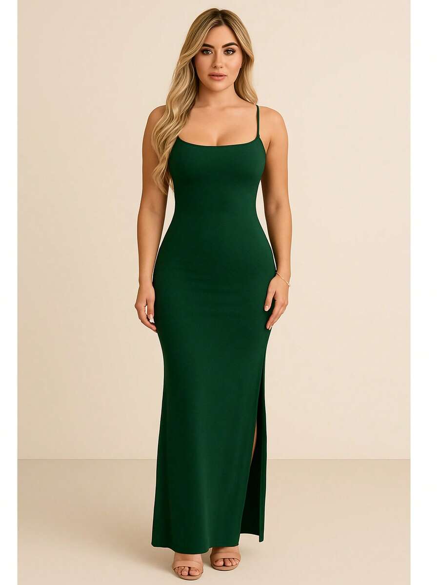 Women's Elegant Casual Long Dress In Ribbed Knit With Side Slits - màu xanh lá - Xem 1
