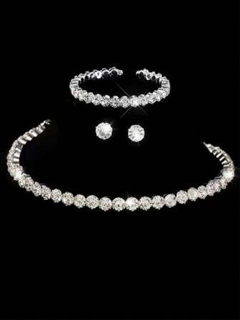 3pcs Fashionable Elegant Full Diamond Bridal Jewelry, Shiny Single-Row Rhinestone Choker Necklace For Women