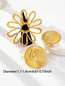 Bộ 3 nhẫn to bản mạ vàng cỡ lớn dành cho nữ, món quà trang sức nhẫn xếp chồng tối giản dành cho cô ấy - Vàng - Xem 3