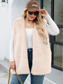 Plus Size Faux Fur Vest Regular Sleeveless V Neck Coat - Apricot - View 6