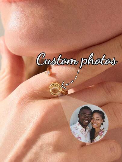 Anillo de flor con foto de proyección personalizada, anillo ajustable abierto con foto incrustada en forma de corazón brillante y personalizada, anillo de pareja de acero inoxidable con foto conmemorativa exclusiva, anillo conmemorativo de mascota con foto, adecuado para regalos de fotos para mujeres