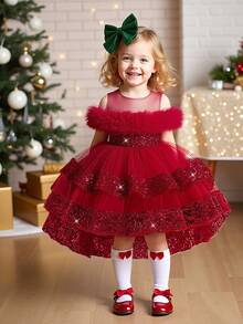 女婴亮片薄纱可爱花童婚礼拖尾礼服，适合派对、生日、外出等场合，不含头饰 - 酒紅色 - 查看 5