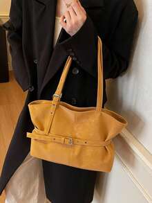 Women's Large Capacity One Shoulder Tote Bag, Strap Decor Retro Bucket Bag, Popular Vintage Solid Color Suede Matte, Suitable For Travel, Shopping, Commuting, Versatile