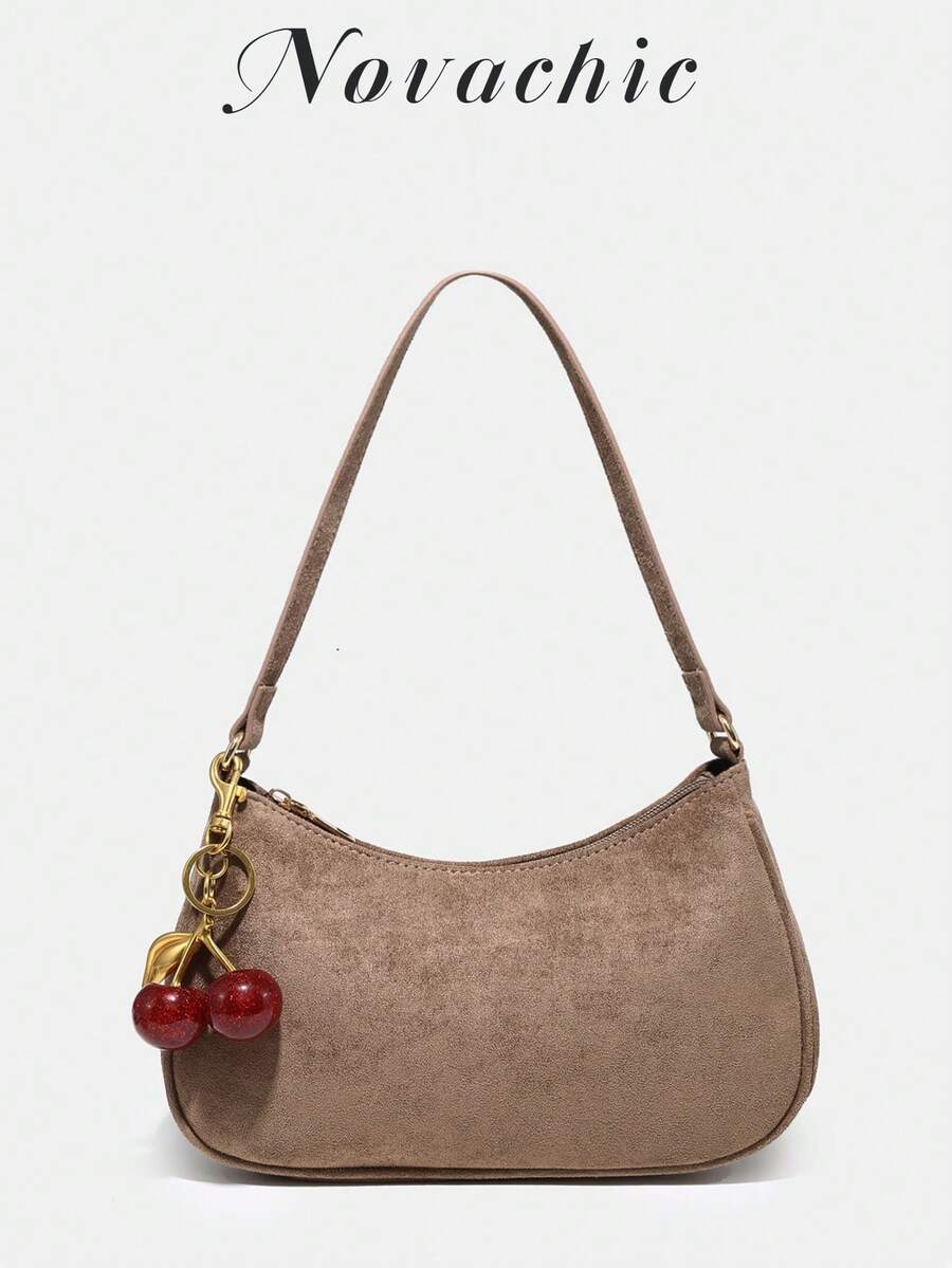1个 Novachic 柔软绒面短款驼色可爱樱桃装饰简约单肩包，拉链封口，复古风格，腋下包，适合多种场合，秋冬季 - 卡其色 - 查看 1
