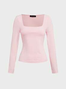 基本款简约圆领双层无缝修身长袖上衣 - 粉色 - 查看 2