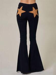 Pantalones vaqueros de mujer para primavera y verano, de talle alto con parche de estrella, pantalones acampanados de denim ajustados - Negro - Ver 4
