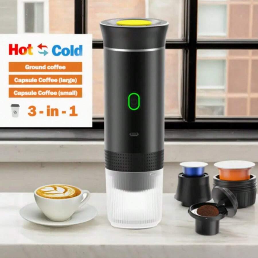 Portable Electric Espresso Machine, Camping Travel Coffee Machine, Car Coffee Machine Self-Heating C Type, Hot And Cold Brew, Compatible With Ground Coffee And Capsule Coffee, Suitable For RV, Hiking, Office - Negro - Ver 1