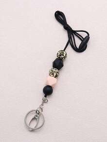1pc Cute Leopard Print Silicone Bead Teacher Lanyard For ID Card Holder, Keychain And Key, Black And White Gray Neck Keychain Silicone Bead With Cell Phone Lanyard, Good Gift For Women, Students And Office Workers
