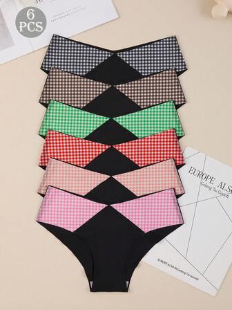 6pcs Women's Seamless Contrast Color Design Classic Plaid Briefs, Comfortable & Minimalist Style Ladies' Underwear