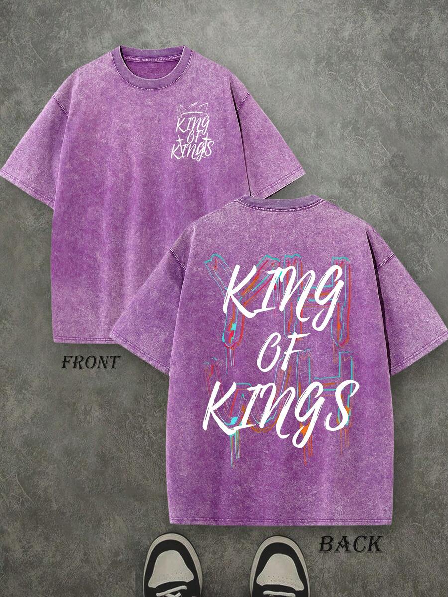 Retro Washed T-Shirt Double Sided Printed (230 Pure Cotton T-Shirt) 'YHWH KING OF KINGS'  Letter And Crown Pattern Print, Men's T-Shirt, Men's Casual, Comfortable, Fashionable T-Shirt, Street Style Cotton - 紫丁香色 - 查看 1