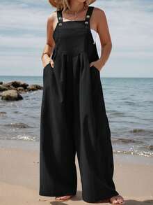 Plus Size Solid Color Sleeveless Overall With Pockets, Fall&Winter,Black