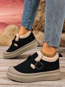 1 Pair Fashionable Korean Style Women's Snow Boots, Buckle Design, Low-Top Short Plush, Outdoor Snow Boots, Cold-Resistant, Anti-Slip, Wear-Resistant, Winter - Black - View 7