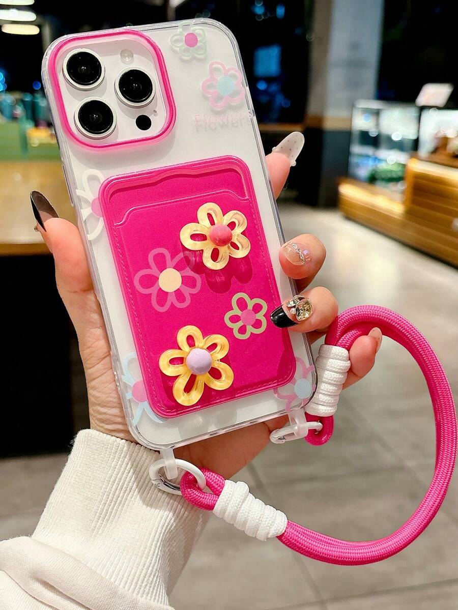 Casing Ponsel Pemegang Kartu Gaya Lanyard Pink, Casing Ponsel Pemegang Kartu Bunga Pink, Casing Ponsel Pemegang Kartu Lanyard Bunga 3D Warna-warni, Kompatibel dengan Apple 16 Pro Max/ 15 Pro Max, New 11, 12, Creative 12, 11 Anti-Jatuh, 14 Pro/13 Pelindung, Kompatibel dengan iPhone 17 Pro Max/17/Pro/17 Plus/17, Gaya Musim Panas, Hadiah Musim Semi untuk Ibu Pesta - Hot Pink - View 1