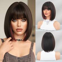 7JHH WIGS 12 Inch Dark Brown Bob Wig For Women - Elegant Mix Reddish Highlight Short Straight Wig With Bangs, Synthetic Heat Resistant Fiber Full Machine Fake Hair For Daily Wear, Music Festivals Celebrations & Streetwear Special Use, Party Wigs Accessory - 挑染紅色 - 查看 11