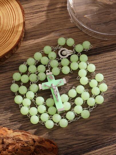 1 Stück erschwingliche vintage Rosenkranz Halskette mit Kreuz Anhänger, leuchtet im Dunkeln, Legierung Material, religiöser katholischer christlicher Schmuck für Männer und Frauen