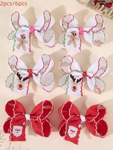 2 件/6 件圣诞纯色蝴蝶结发夹，适合女孩，布艺姜饼人圣诞老人鹿刺绣儿童发饰，适合幼儿的可爱发饰派对礼物 - 彩色 - 查看 1