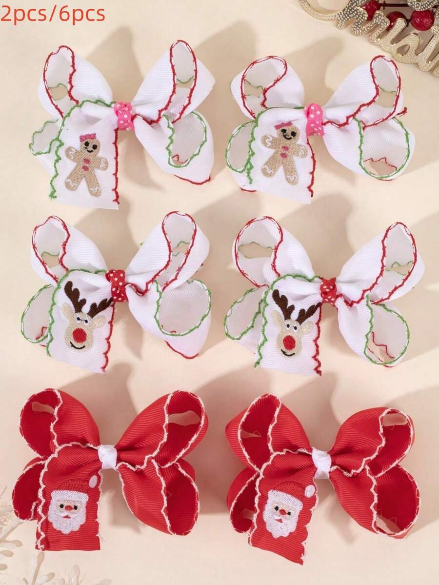 2 件/6 件圣诞纯色蝴蝶结发夹，适合女孩，布艺姜饼人圣诞老人鹿刺绣儿童发饰，适合幼儿的可爱发饰派对礼物 - 彩色 - 查看 1