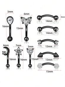 10pcs 16G Stainless Steel Rook Daith Earrings Belly Lip Ring Eyebrow Studs Cartilage Tragus Cubic Zirconia Barbell Body Piercing 8mm (5/16")