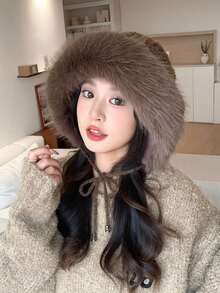 1 szt. puszysty mongolski futrzany kapelusz typu bucket hat dla kobiet, miękki i ciepły wzór futra chroni głowę i twarz przed zimnym wiatrem, regulowany ściągacz do różnych rozmiarów głowy, praktyczny i modny zimowy dodatek do codziennego noszenia