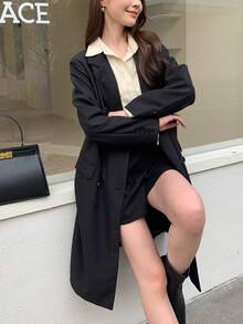 女士通勤翻领长袖双排扣夹克，秋季 - 黑色 - 查看 8