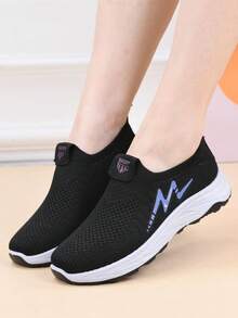 女士透气网眼休闲运动鞋，防滑软底一脚蹬舒适妈妈鞋，圆头宽松休闲鞋，适合日常散步，松紧鞋口，春夏 - 黑色 - 查看 5
