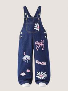 Girls' Cute Overalls, 2025 Autumn New Arrival, Playful Floral, Rainbow, Bow Print, Blue Denim Long Jumpsuit - Blue - View 1