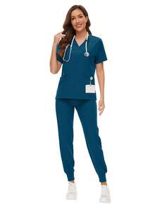 Conjunto de uniformes de enfermería, belleza, SPA, clínica veterinaria, tienda veterinaria y trabajo de odontología de alta calidad para mujeres, primavera - Agua verde azul - Ver 5