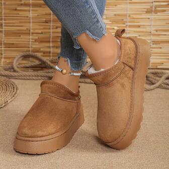 女士厚底防滑雪地靴，保暖内衬，加厚棉绒短靴，冬季加厚毛绒鞋