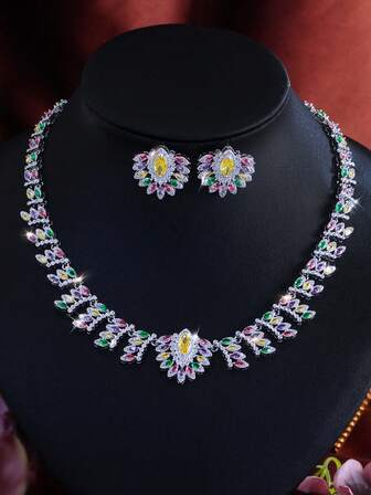 1 set de bijuterii de mireasă placate cu argint CZ Leaf Tennis multicolor curcubeu, cercei, fermecătoare, pentru femei, banchet, petrecere, zirconiu cubic, pentru nuntă, logodnă, club de noapte, concurs, pentru mirese și domnișoare de onoare