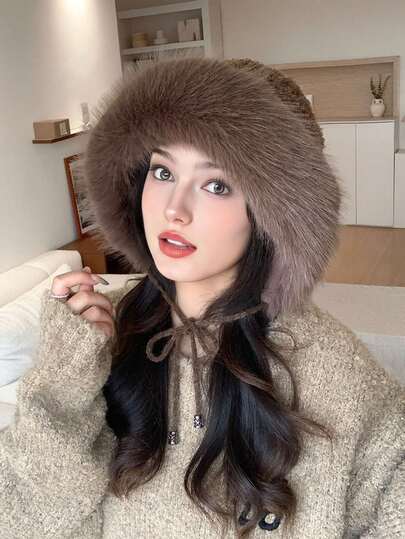 1 szt. puszysty mongolski futrzany kapelusz typu bucket hat dla kobiet, miękki i ciepły wzór futra chroni głowę i twarz przed zimnym wiatrem, regulowany ściągacz do różnych rozmiarów głowy, praktyczny i modny zimowy dodatek do codziennego noszenia