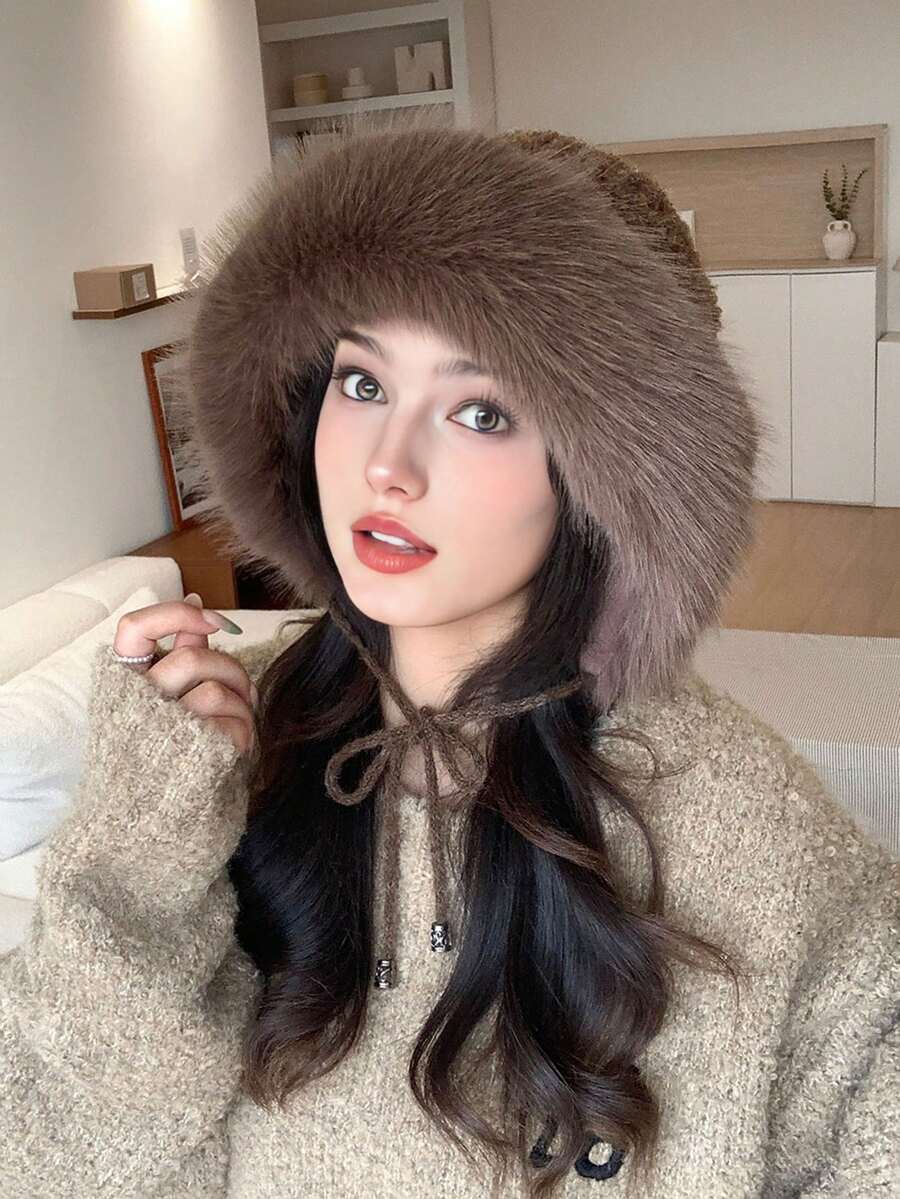 1 szt. puszysty mongolski futrzany kapelusz typu bucket hat dla kobiet, miękki i ciepły wzór futra chroni głowę i twarz przed zimnym wiatrem, regulowany ściągacz do różnych rozmiarów głowy, praktyczny i modny zimowy dodatek do codziennego noszenia