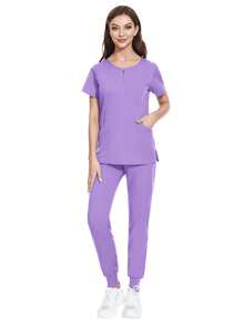 Pijama Uniforme Antifluidos Mujer Y Conjunto top de manga corta con pantalones, Enfermeras uniformes de verano de manga corta separa traje de enfermería uniformes de enfermería traje de lavado a mano ropa elástica de secado rápido top de manga corta con pantalones - Púrpura malva - Ver 6