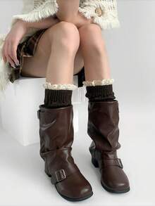 1 Pair Of Lace Leg Covers Paired With Covers For Boots Warm Leg Protection Women's Autumn And Winter Short Knitted With Pleated Lace, Cozy - Multicolor - View 11