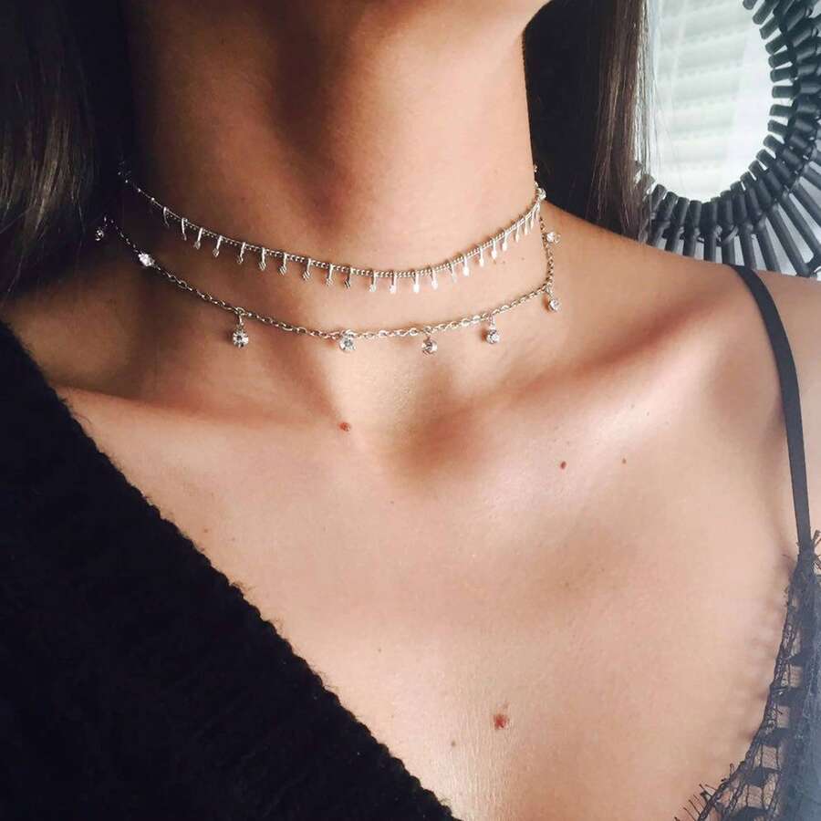 2 Pcs Rhinestone Charm Layering Chain Necklace Personalized Women Choker - Silver - View 1