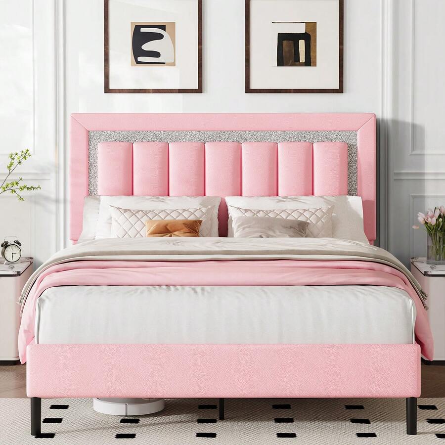 Upholstered Bed Frame With Headboard, Modern Bed Frame With Vertical Channel Tufted Headboard, PU Leather Bed Frame With Diamond Headboard, No Box Spring Needed, Easy Assembly, White/ Black/ Pink, Twin/ Full/ Queen - 粉色 - 查看 1