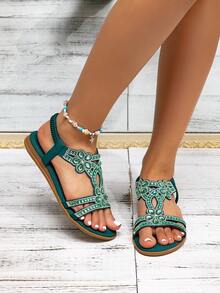 Bohemian Rhinestone Embellished Flat Sandals For Women – Open-Toe T-Strap Design With Shimmering Crystal Accents, Comfortable Elastic Back Strap, Perfect For Summer Beach, Vacation, Casual Outings And Evening Events, Lightweight Footwear To Elevate Your Warm-Weather Style - 綠色 - 查看 5