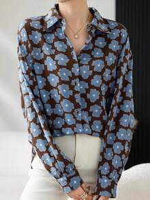 Casual Loose Retro Floral Pattern Design Polyester Long Sleeve Plus Size Women Shirt Spring Vacation Brown - Brown - View 1