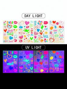 4 张霓虹灯临时纹身，唇心形荧光爱心纹身贴纸，防水临时纹身贴纸，适合情人节和音乐派对返校 - 彩色 - 查看 2