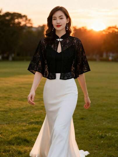 1 件优雅镂空新娘披肩，复古蕾丝斗篷/休闲百搭披肩开衫，防晒，节日、舞会、派对的服装配饰