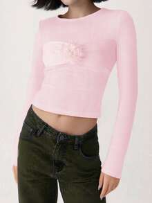 Women Long Sleeve Tops Slim 3D Flower Round Neck Crop T-Shirts  Fall Streetwear - 粉色 - 查看 2
