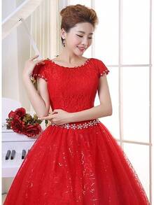 Double Shoulder Floor Length Bridal Gown Wedding Dress Custom Size - 紅色 - 查看 6