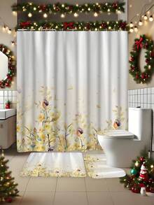 4 piezas Juego de baño con estampado floral amarillo, incluye alfombra antideslizante, tapa de inodoro, tapete de baño, cortina de ducha impermeable con 12 ganchos de plástico, decoración de baño, decoración del hogar, decoración navideña
