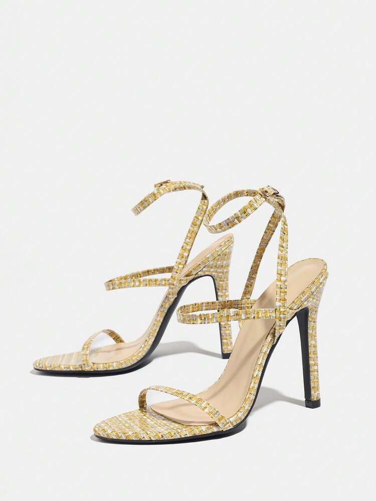 Jin Bei Qi 女士圆头交叉踝带编织面料复古感觉户外派对细高跟凉鞋，优雅时尚派对宴会鞋，杏色高跟鞋 - 杏色 - 查看 5