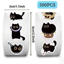 500pcs/Roll Little Black Cat Stickers, Waterproof PVC Self-Adhesive Stickers For Gifts, Baking, Celebrations, DIY, Stationery, Scrapbooking, Back To School