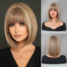 7JHH WIGS 12 Inch Flaxen Brown Short Straight Hair Wig For Women, Highlight Beige Hair Elegant Bob Wig With Bangs, Synthetic Fiber Full Machine Fake Hair For Daily Wear, Music Festivals Celebrations & Streetwear Special Use, Party Wigs Accessory - 挑染米色 - 查看 11