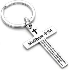 Ldurian Llavero con versículo bíblico, llavero de cruz cristiana para mujeres, llavero de cruz para hombres con escritura religiosa, regalo de Navidad - Mateo 6:34 - Ver 1