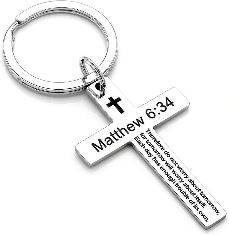 Ldurian Llavero con versículo bíblico, llavero de cruz cristiana para mujeres, llavero de cruz para hombres con escritura religiosa, regalo de Navidad - Mateo 6:34 - Ver 1