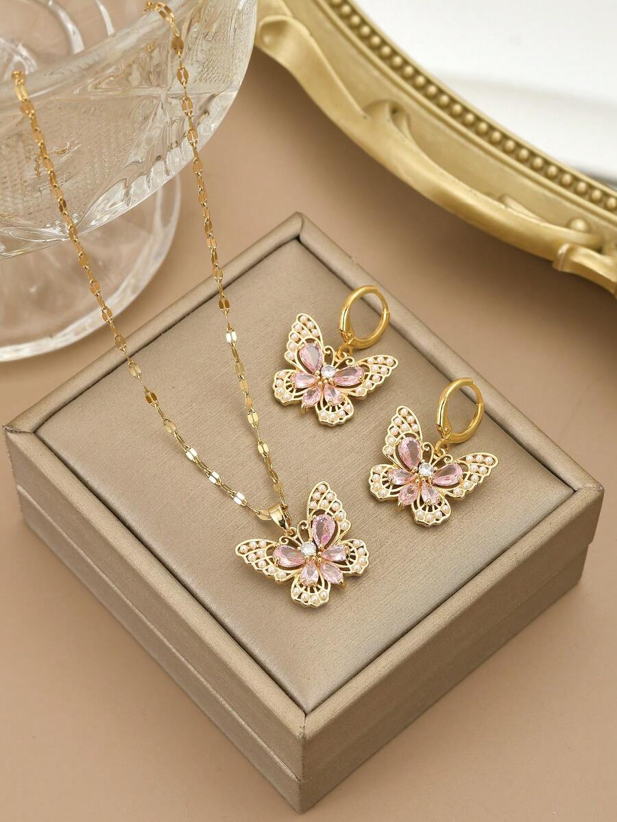 1pc Cute Pink Cubic Zirconia Pearl Butterfly Stainless Steel Necklace, 1 Pair Cute Pink Cubic Zirconia Pearl Butterfly Stainless Steel Earrings, Suitable For Women's Daily Wear, Gold Jewelry, Gold Earrings, Women's Jewelry, Summer, Vacation, Beach Accessories, Gift - Pink - View 1