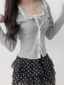 Lace Trim Long Sleeve Top And Camisole Set Spring - Grey - View 2