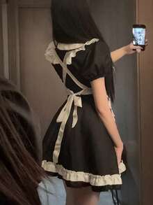 Cute Lolita Maid Costume With Ruffle Hem Flared Ball Gown And Puff Sleeves Round Neck Contrast Lace Design Perfect For Party